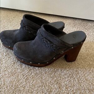 UGG Women's Dark Gray Mules with Wooden Heel